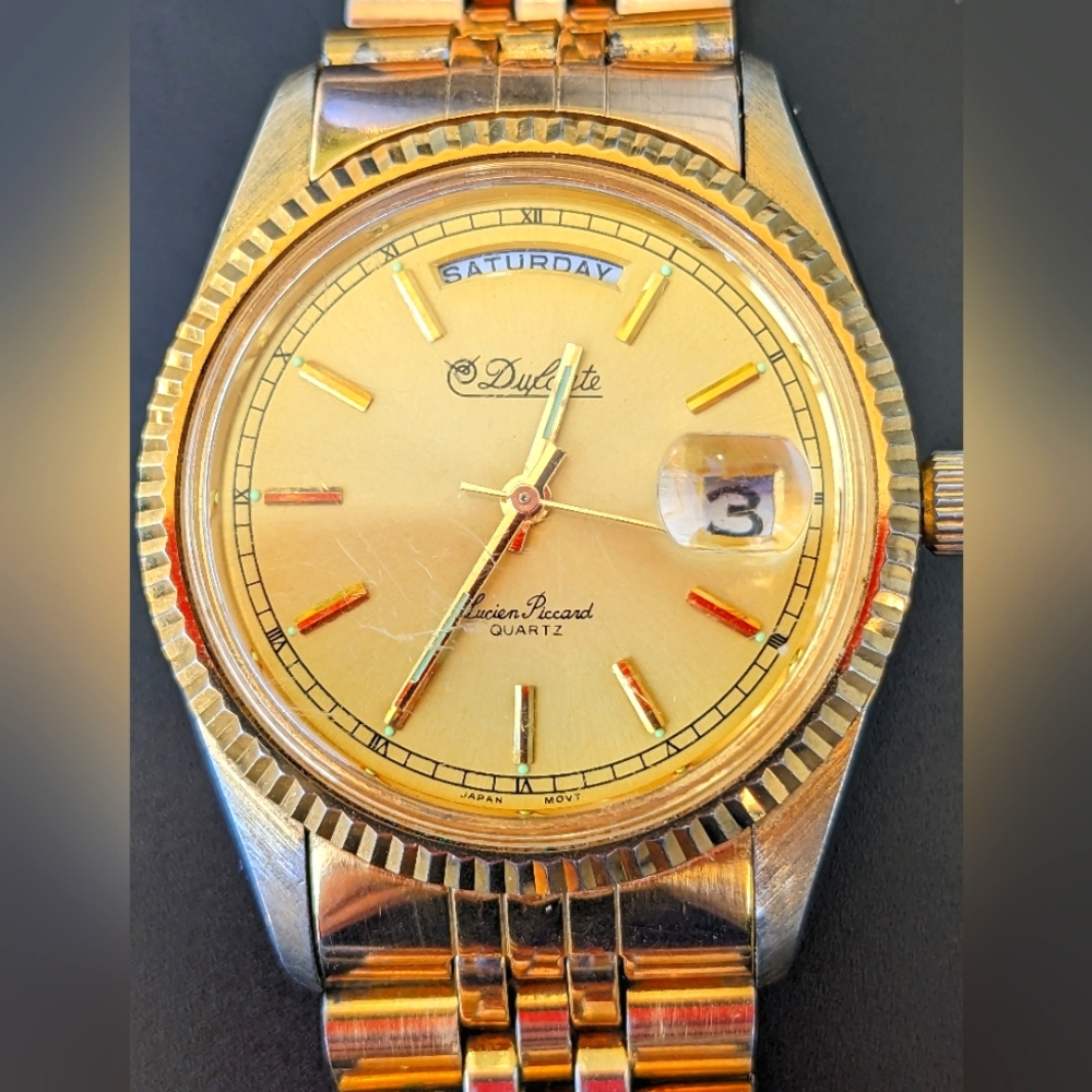 Dufonte by Lucien Piccard Day Date Gold Tone President Style Men's Watch